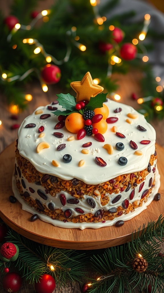 Traditional Christmas Cake for Celebrating Jesus A traditional Christmas cake with dried fruits and nuts, decorated for the holiday season.